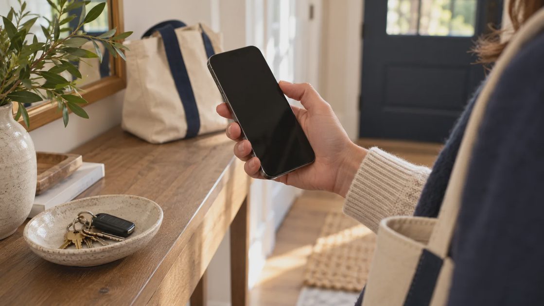 Check Your Phone Locks Before You Leave A person holding a smartphone with a dark screen beside keys on a hallway table.