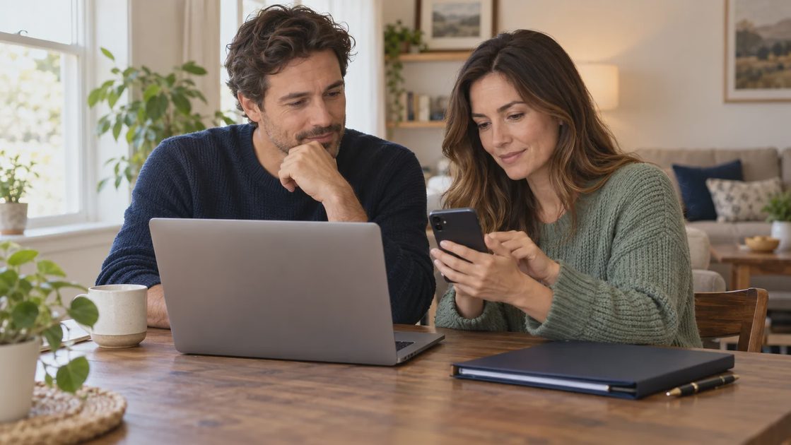 Check Recovery Access from Another Device Two adults reviewing a smartphone and laptop together at a home table.