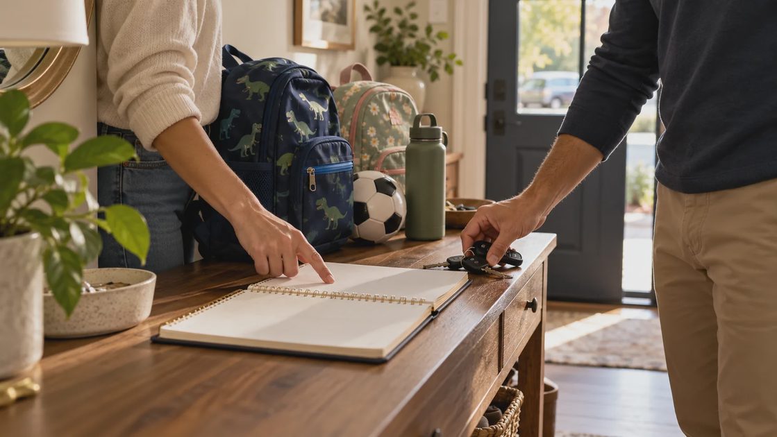 Two adults checking a planner beside car keys, children's backpacks, a soccer ball, and a water bottle.