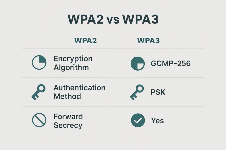 Illustration comparing WPA3, WPA2-AES, mixed-mode, and outdated Wi-Fi security options.