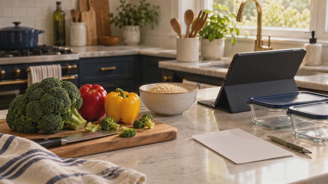 Broccoli, bell peppers, rice, food containers, and a tablet on a kitchen counter.