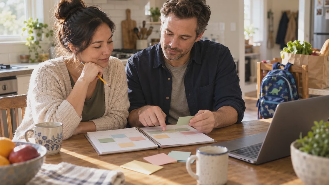 Two adults reviewing a paper weekly planner beside a laptop at a kitchen table.