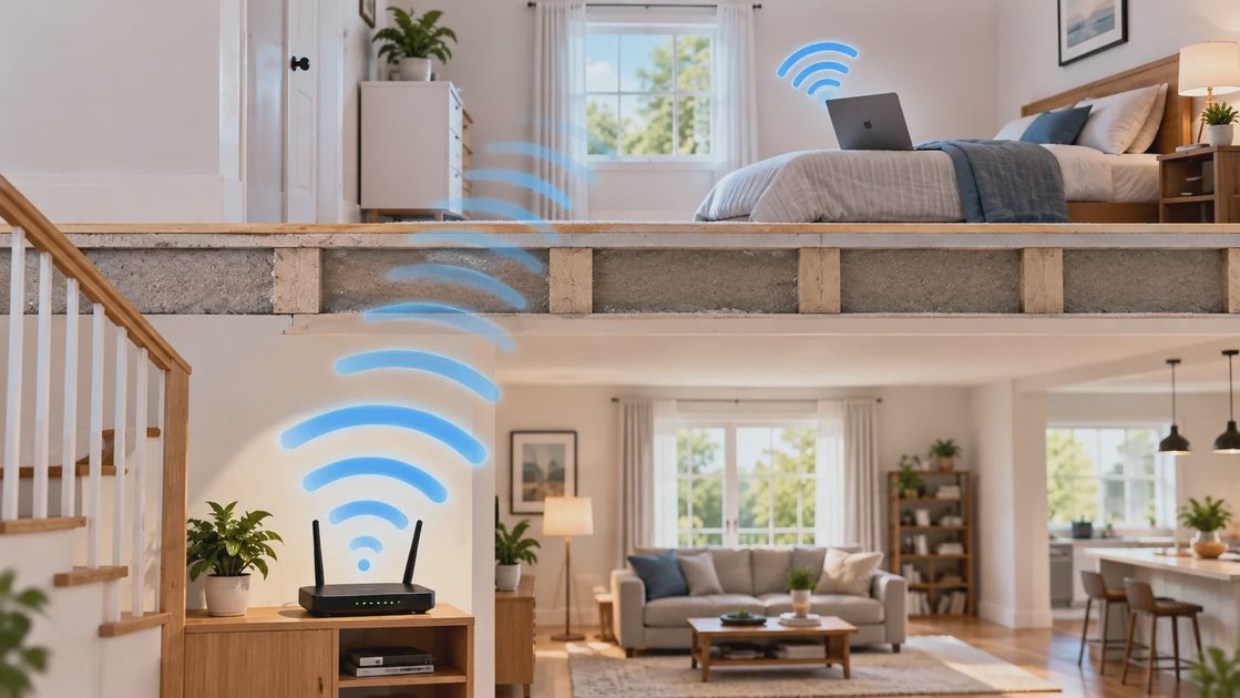 How Wi-Fi Travels Between Floors Illustration of Wi-Fi signals traveling from a downstairs router to an upstairs laptop.