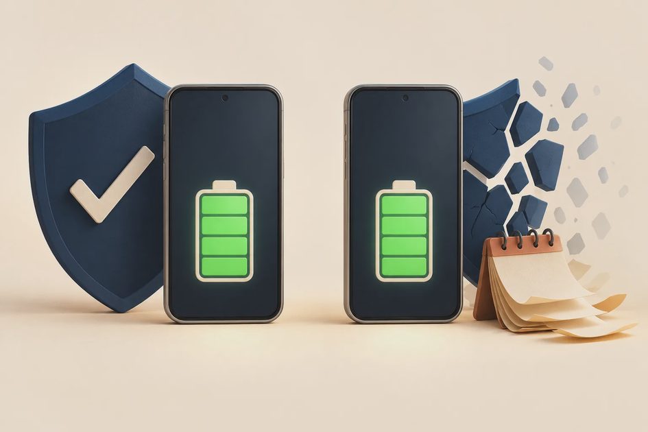 Two phones show full batteries beside an intact shield and a fading shield with an exhausted calendar.