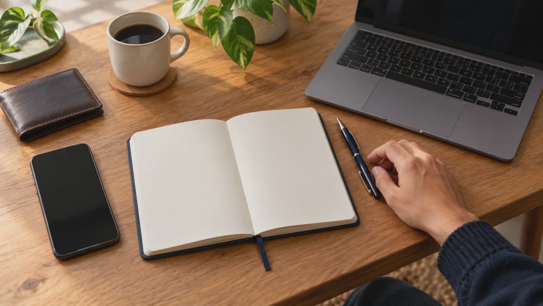 A hand beside a pen and open notebook, with a phone, wallet, and laptop on a desk.