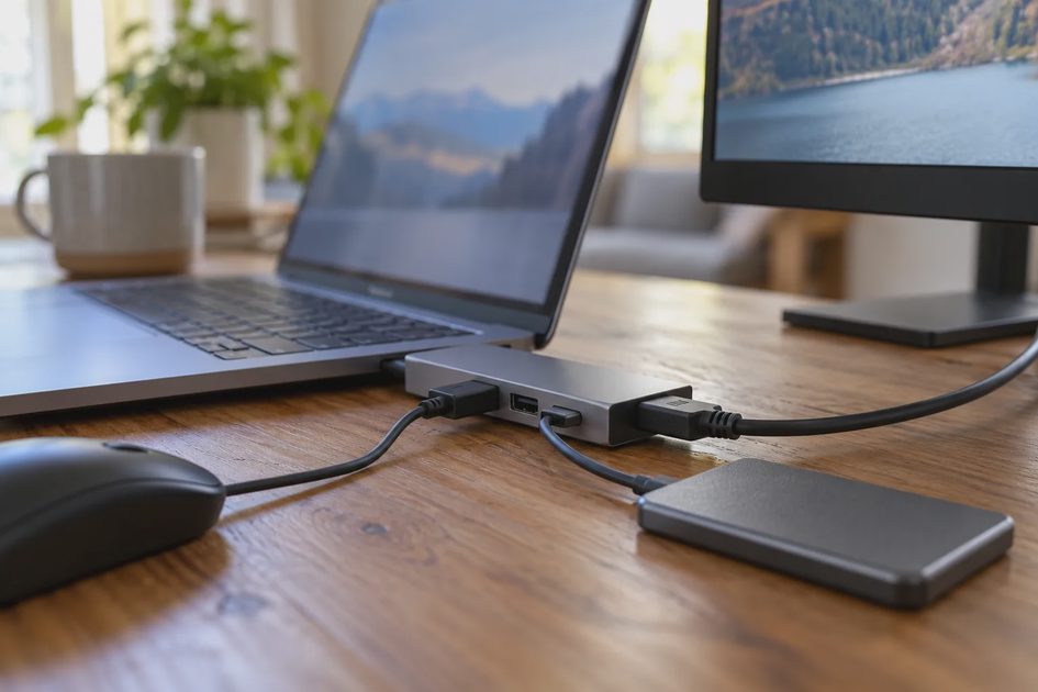 A laptop connects through a multiport hub to an external drive, mouse, and monitor.