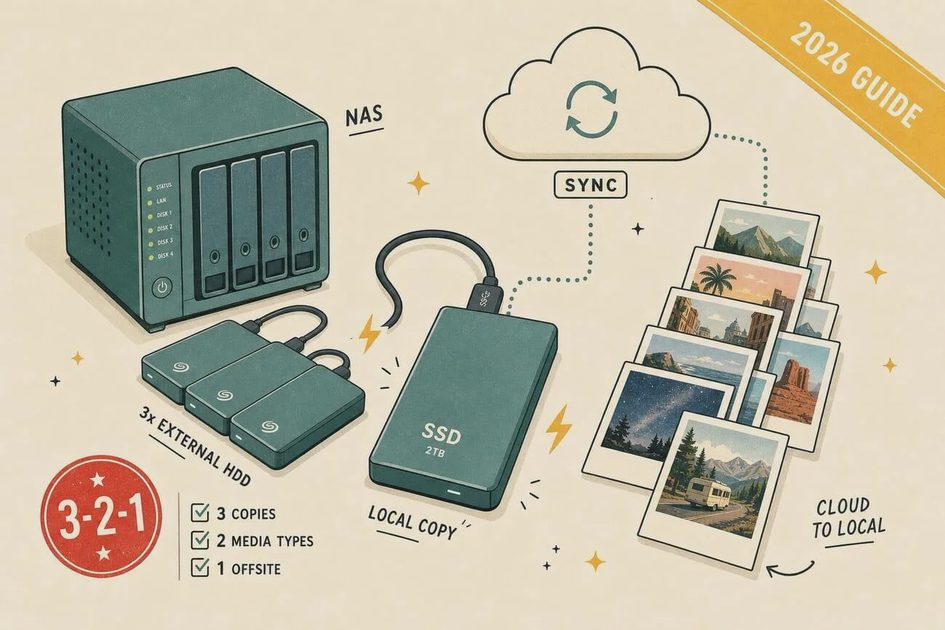 Diagram showing a laptop, cloud destination, and separate external drive for family file backups.