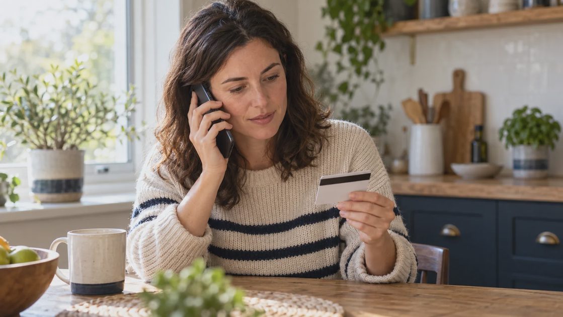 A woman making a phone call while looking at the back of a bank card.