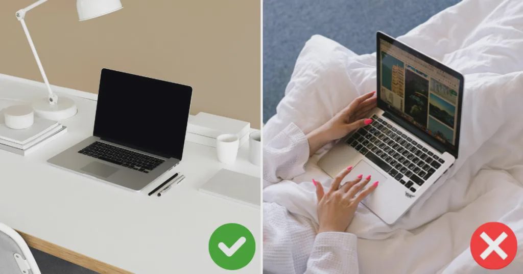 Better Laptop Ventilation at Home Comparison of a laptop on a soft blanket and on a hard desk with clear ventilation.