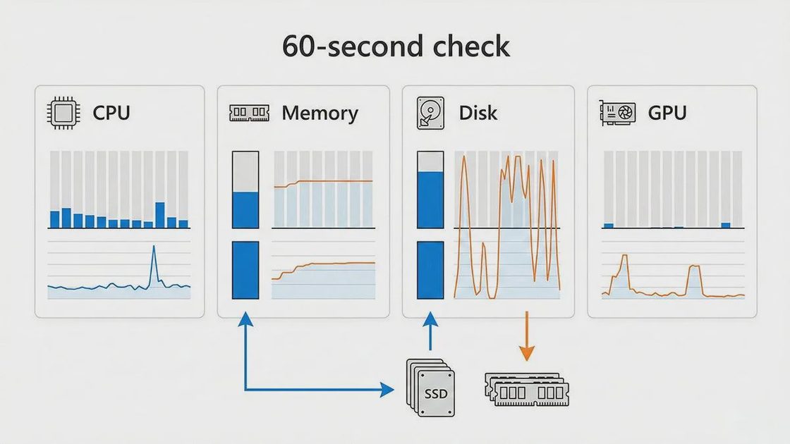 Understanding Laptop Resource Usage Illustration of a laptop with icons representing CPU, memory, and disk activity.