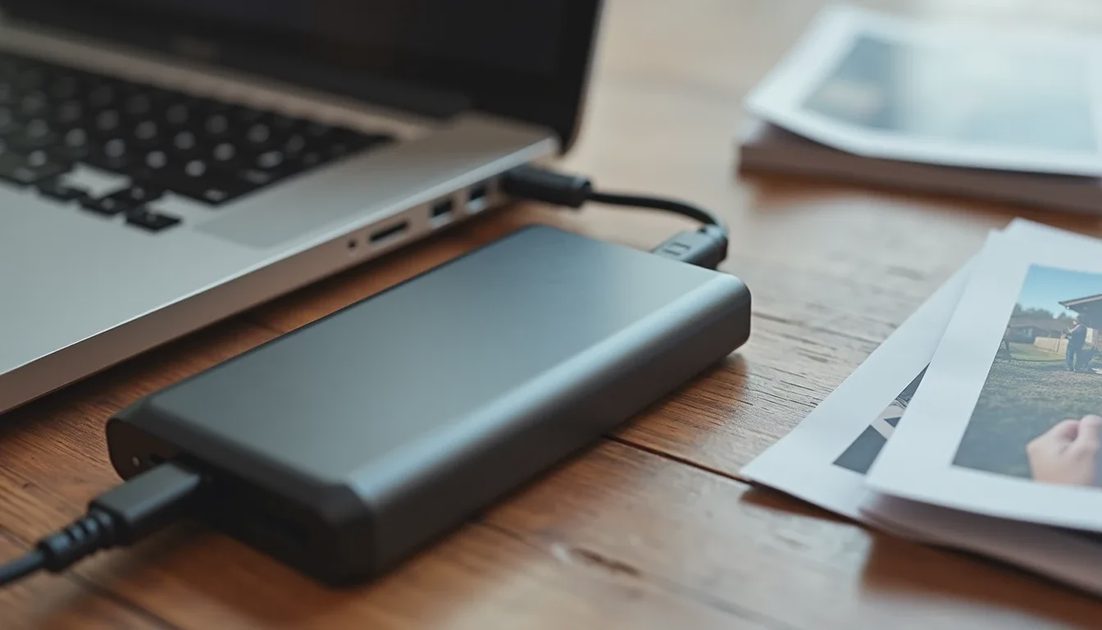 connecting an external drive to a laptop beside a small stack of printed photos.