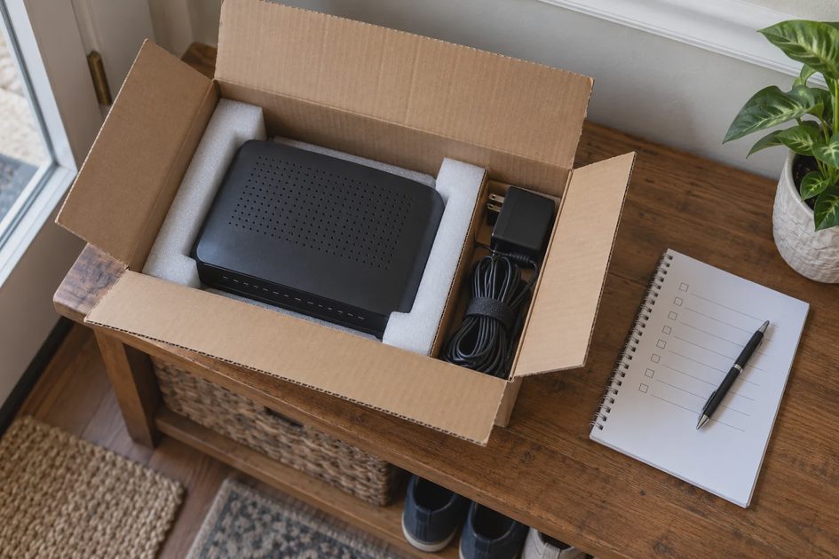A router and power adapter are packed in a padded shipping box beside a blank checklist and pen.