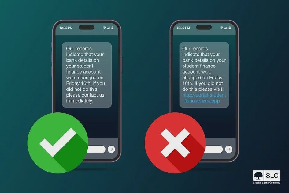Illustration contrasting a suspicious message with independent verification through an official app.
