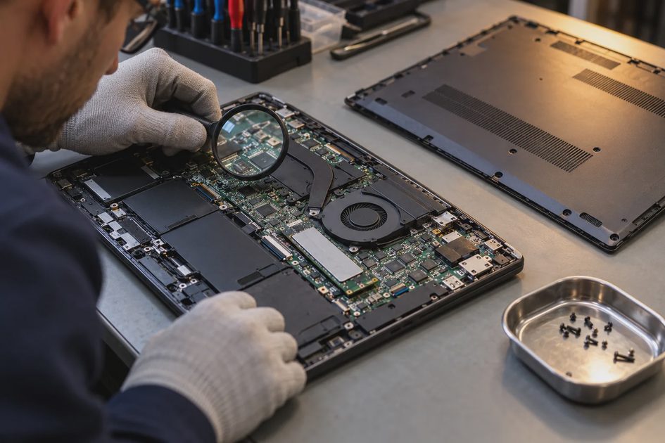 A technician examines an opened laptop with a magnifying glass beside its removed cover and screws.
