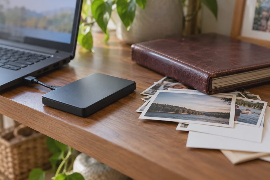A portable drive connects to a laptop beside printed photographs and a closed photo album.