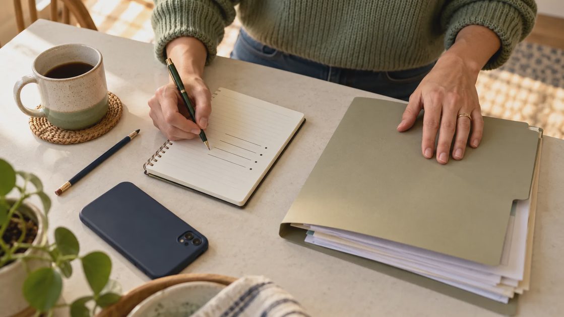 An adult writing in a notebook beside a closed document folder and a phone lying face down.