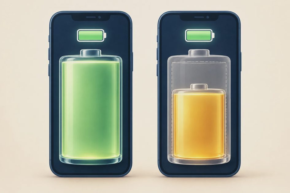 Not Mean Full Battery Health	Two phones show full charge icons, while illustrated battery reservoirs show different amounts of usable capacity.