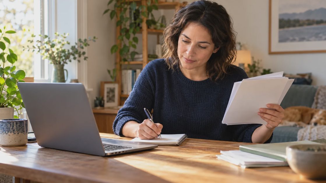 A woman writing a short summary beside a laptop while holding household papers.